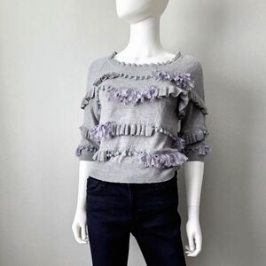 Anthropologie Knitted & Knotted Gray Cotton Blend Sweater W/ Fringe & Pom Poms